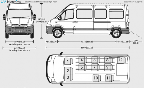 2009 Vauxhall Movano LWB High Roof Bus blueprint